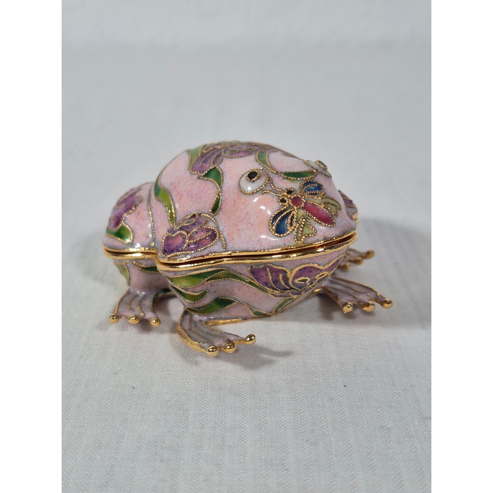 Vintage Cloisonne Enamel Frog Trinket Box Pink Floral Dragonfly Jewelry